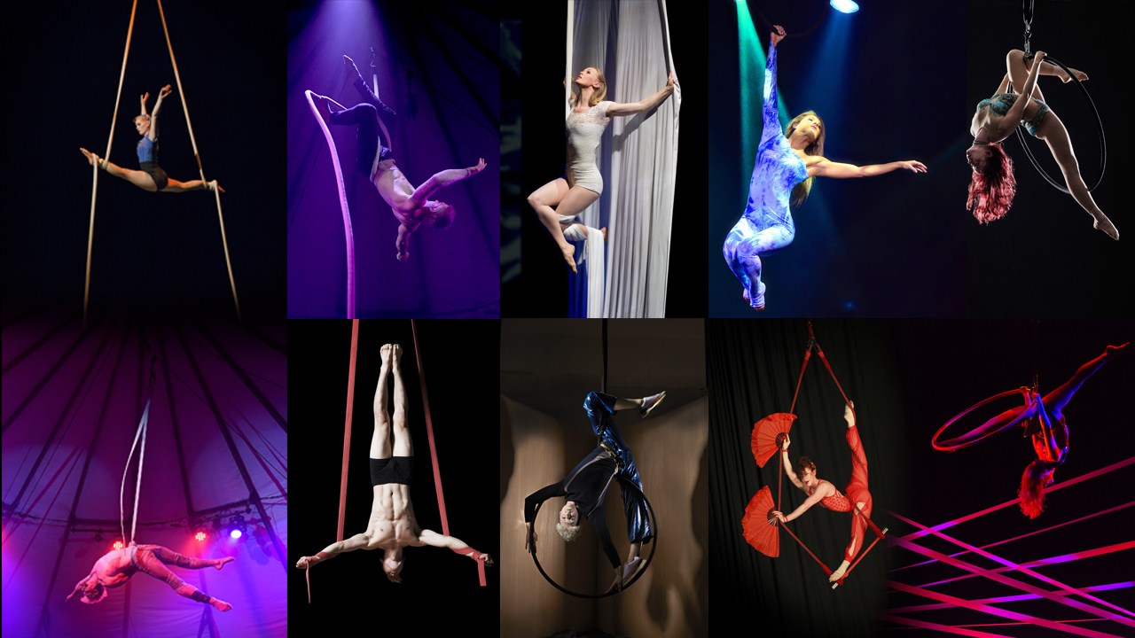 Aerialist collage including trapeze, silks, rope and other aerialists 