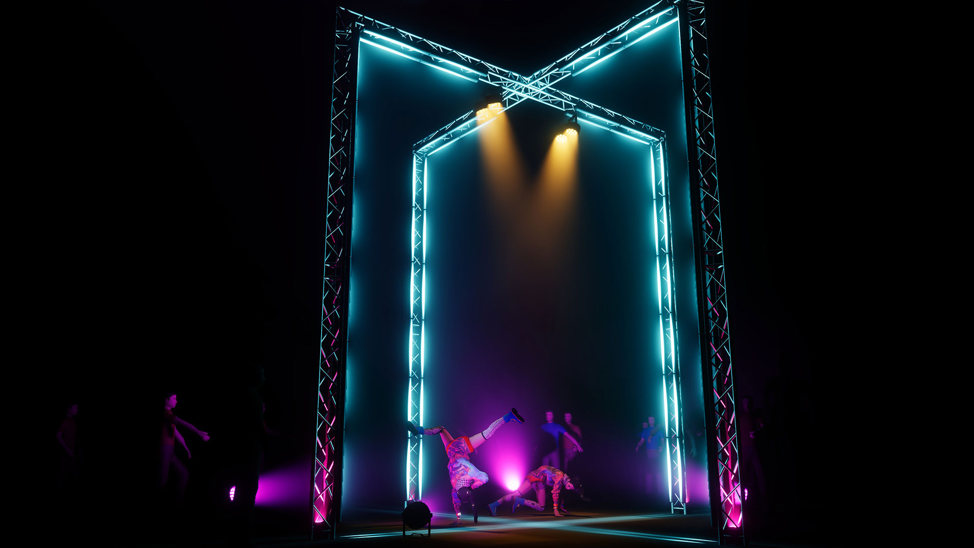 A lighting rig tower covered in led lighting